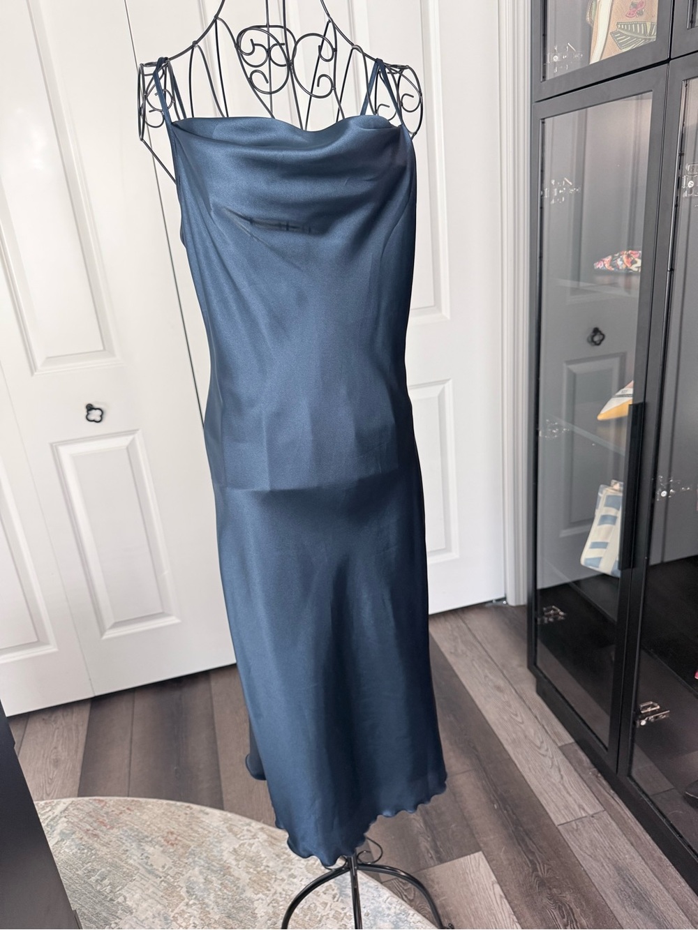 bebe Navy Satin Cowl Midi Dress
